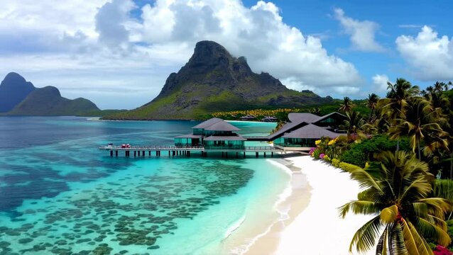 Luxury overwater villas on blue lagoon, white sandy beach and Otemanu mountain at Bora Bora island, Tahiti, French Polynesia