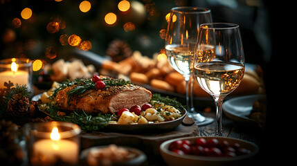A table with a Christmas tree and a lit fireplace	