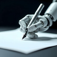 Robotic hand holding a pen and writing on white paper: The concept of artificial intelligence