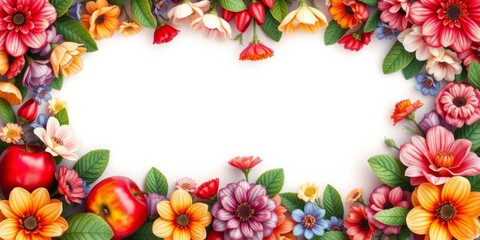 A stunning floral frame with fresh apples and vibrant flowers for invitations or decorative purposes, flowers, frame