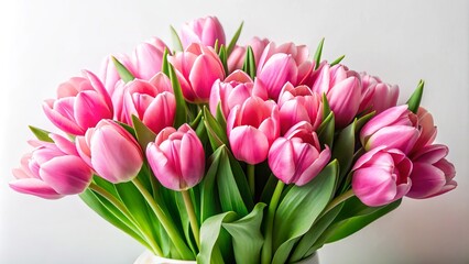 Naklejka premium Fresh Cut Pink Tulips in a Minimalist Setting on a White Background - Vibrant Floral Arrangement Perfect for Home Decor, Weddings, or Special Occasions