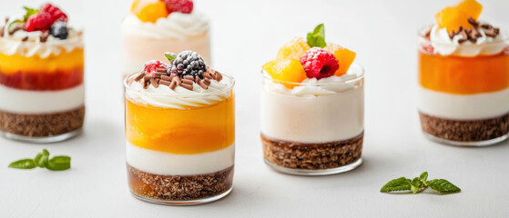 Food sweet snack junk diet concept. Colorful layered desserts in glass cups © Wonderful Studio