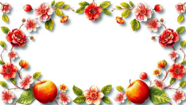 A stunning floral frame with vibrant apples and flowers, ideal for invitations or decorative purposes, flowers, apples