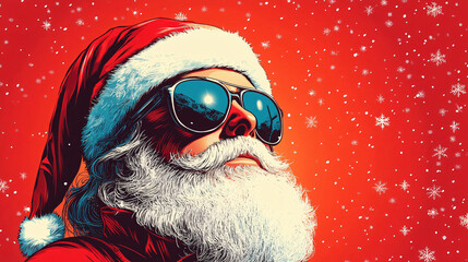 Stylized Santa Claus illustration in vibrant red background, perfect for Christmas cards, festive promotions, and holiday-themed designs.