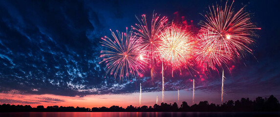 A vibrant fireworks display against a deep blue sky, perfect for promoting New Year's Eve, Independence Day, or event celebrations, with integrated text space for invitations or marketing.