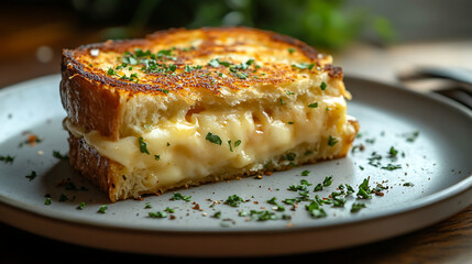 Side view of a grilled cheese sandwich with a golden, buttery crust, herbs on the plate