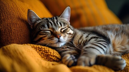 Obraz premium Closeup of a adorable tabby cat sleeping soundly and curled up comfortably on a plush orange sofa cushion in a cozy living room setting The cat appears completely relaxed and at peace