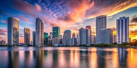 Obraz premium Captivating Minimalist Skyline of Brickell: A Serene Evening View of Modern Architecture Against a Soft Pastel Sky, Highlighting Urban Elegance and Tranquility in Miami's Financial District