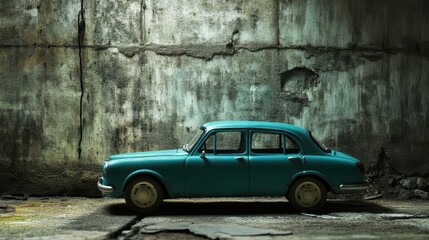 Classic Teal Car Parked Against a Weathered Concrete Wall: A Study in Nostalgia and Urban Decay