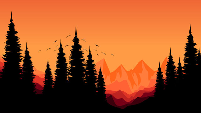 morning sunrise mountain view with pine forest silhouette good for poster template, web banner, blog banner, website background, tourism promo poster, adventure design backdrop and advertising