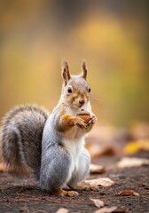 Obraz premium Squirrel holding acorn in autumn forest with fallen leaves