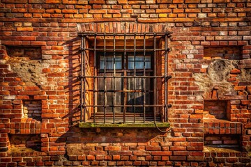Fototapeta premium Captivating View of a Red Brick Wall with Rusted Old Window Bars Showcasing Urban Decay and Timeless Beauty in a Unique Conceptual Photography Perspective