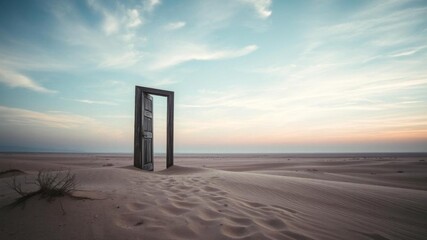 A weathered wooden door stands alone in the vast desert landscape, beckoning to passersby with the allure of mystery and the potential for a fresh start, exploration, discovery