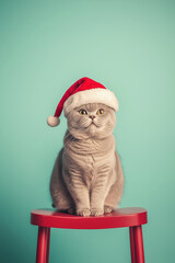 A British Shorthair Cat in Santa hat sitting on red wood chair on pastel green backdrop