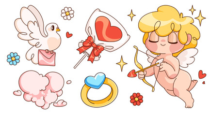 Cute Valentine Day set - cartoon Cupid with curly blonde hair, messenger dove carrying letter, heart shaped lollipop, golden ring, pink cloud and flowers. Romantic retro greeting cards elements.