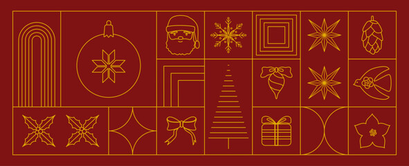 Linear Christmas geometric background. Art deco golden horizontal banner. Luxury Christmas invitation, greeting card, cover, flyer template. Vector.