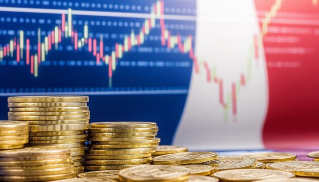 france economy and finance . with coins and digital trading platform, economic growth, stock market chart, investment trends global challenges and opportunities. - Powered by Adobe