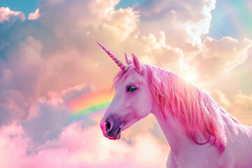 Fototapeta premium Fantastically mythological pink unicorn with big long horn