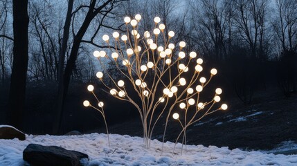 Contemporary light installation, tree-shaped holiday decoration, glowing bulbs arrangement, minimal winter art piece, white luminous points, elegant simplicity, professional photography