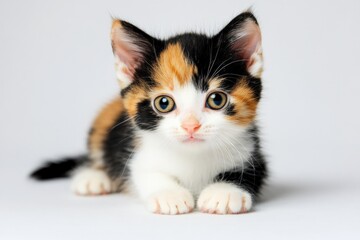 Calico Kitten. Adorable two Months Old Curious Kitten Isolated on White Background