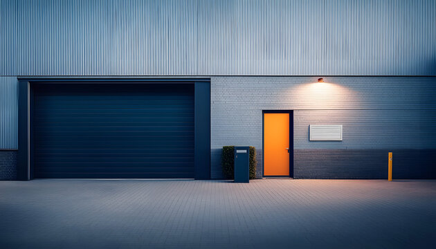 Exterior of a modern warehouse with a small office unit