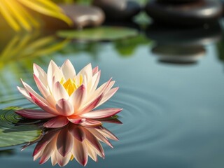 Spa natural alternative therapy setting with massage stones and water lily in water, tranquil, peaceful
