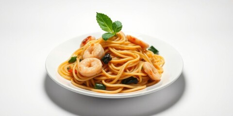 Spicy Thai style spaghetti with seafood stir-fried on white dish isolated on white background, pad kee mao, Thai cuisine