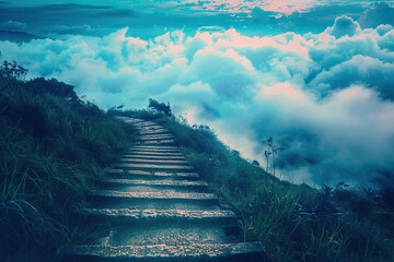Fantastically beautiful staircase leading to cloudy sky at natural light
