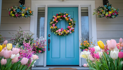 Charming Easterthemed front door with colorful wreath and flowers
