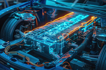 Fototapeta premium Power source for charging battery of beautiful electric car on road