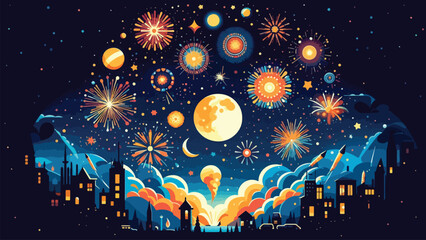 Fototapeta premium illustration of the night sky filled with fireworks, welcoming the arrival of the new year