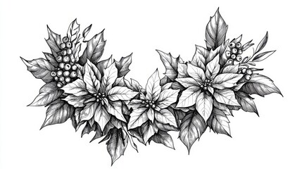 Fototapeta premium christmas wreath illustration, traditional botanical elements, poinsettia flowers, berries clusters, decorative bows, antique engraving style, fine linework technique, single color artwork, classical