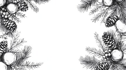 holiday botanical artwork, pine wreath outline, detailed berry clusters, ornamental baubles, hand drawn style, traditional ink illustration, decorative winter foliage, vintage festive design, elegant