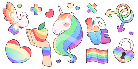Rainbow pride sticker with flag for gay love vector design. Lgbtq and queer symbol graphic for parade. Groovy lgbt community patch drawing for festival. Colorful unicorn and padlock collection