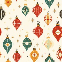 holiday bauble pattern, classic christmas ornaments, scattered sparkle stars, seamless retro design, decorative geometric shapes, traditional festive colors, vintage pattern style, minimalist