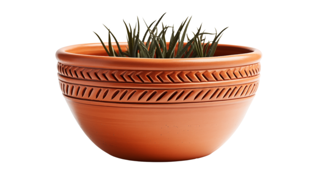 An elegant handcrafted clay pot, perfect for creating a rustic and natural look in your home. Adds personality and charm to any interior, isolated on transparent background.