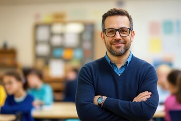 Fototapeta premium A confident teacher standing with arms crossed wearing glasses and a navy blue cardigan