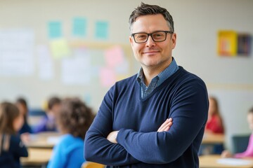 Fototapeta premium A confident teacher standing with arms crossed wearing glasses and a navy blue cardigan