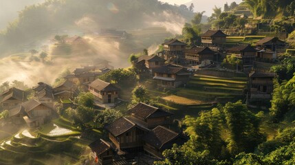 The image depicts a serene rural landscape with traditional wooden houses surrounded by lush green terraced rice fields under soft sunlight, creating a peaceful and picturesque scene.