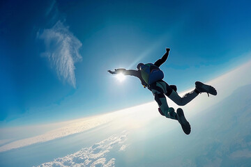 Parachutist with parachute makes heavenly adventure against on landscape