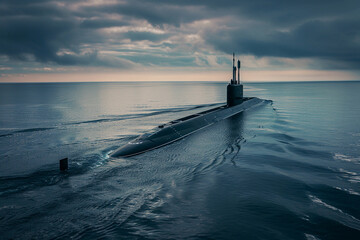 Beautiful large submarine floating in middle of ocean during mission