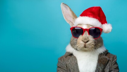 In the summer of winter, marry christmas text,winter is a winter holiday with cool messages - rabbit , Weihnachtmann Nikolausm&uuml;tze, Sonnenbrille und roter Nase, isoliert auf t&uuml;rkisem hintergrund.copy 