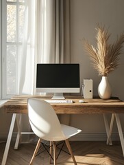 Fototapeta premium Modern homme office work place with modern computer on wooden table, parquet, white chair and stylish white vase. 3D rendering
