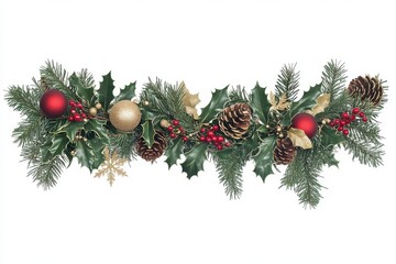 A festive garland made of lush green fir branches adorned with red and gold ornaments pinecones