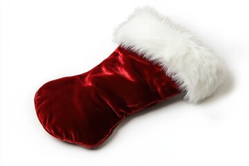 A festive red velvet Christmas stocking with a luxurious white faux fur trim The stocking is suspended from its loop