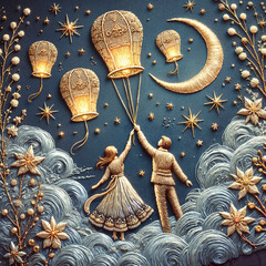 Couple reaching for glowing hot air balloons in embroidered night sky