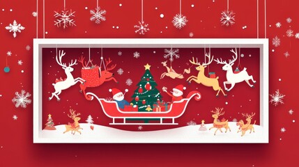 festive hanging card design, deep red background, white rectangular frame, whimsical sleigh scene, playful reindeer team, decorated holiday tree, charming winter characters, kawaii illustration