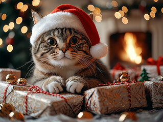 Festive cat with santa hat among christmas gifts cozy home holiday celebration warm lighting joyful spirit ai generated imagery