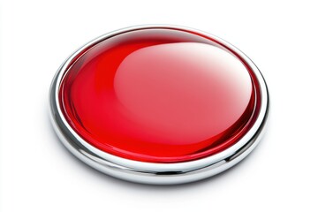 A glossy red circular button with a metallic rim illuminated with a soft gradient that emphasizes its smooth surface