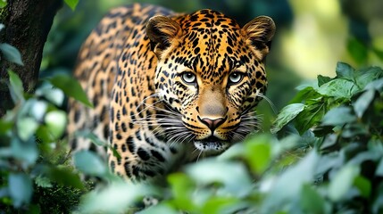 Obraz premium A close-up of a jaguar stealthily moving through lush greenery.